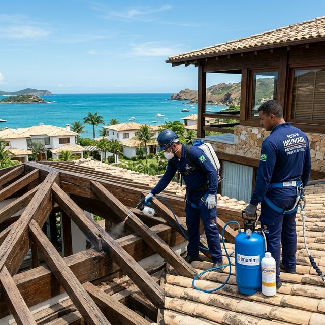 Equipe Imunimil realizando descupinização de telhado em Búzios